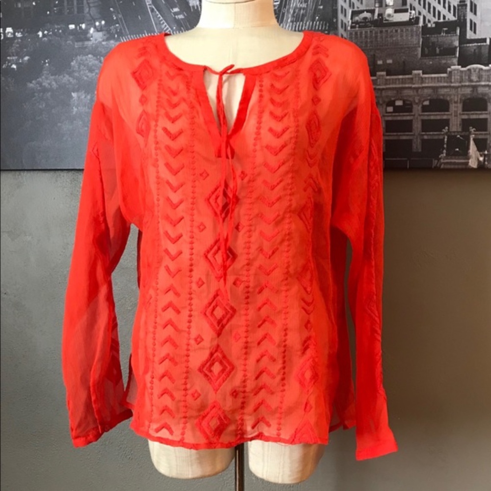 Old Navy orange embroidered long sleeve sheer top